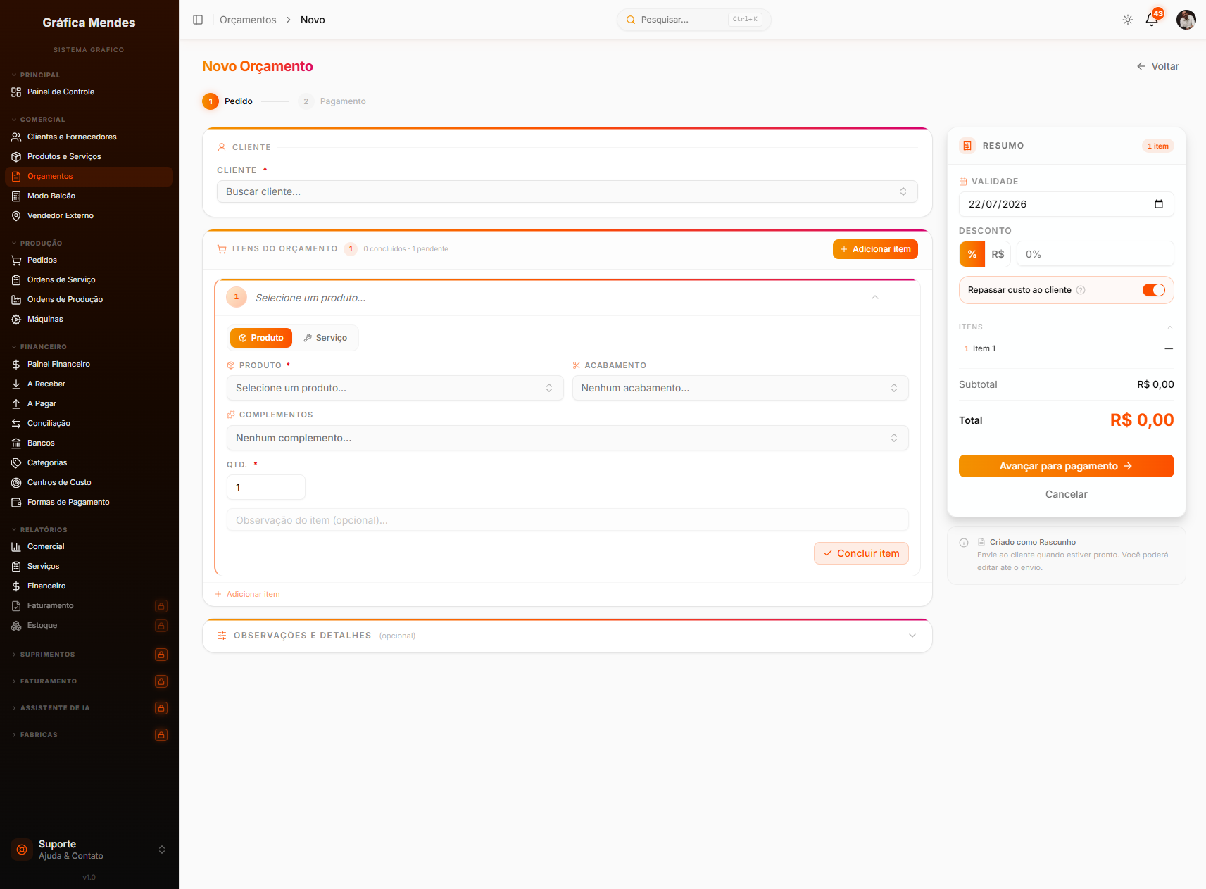 Tela de novo orçamento da Inspira Print com seleção de produto, acabamento, complementos e resumo de valores.